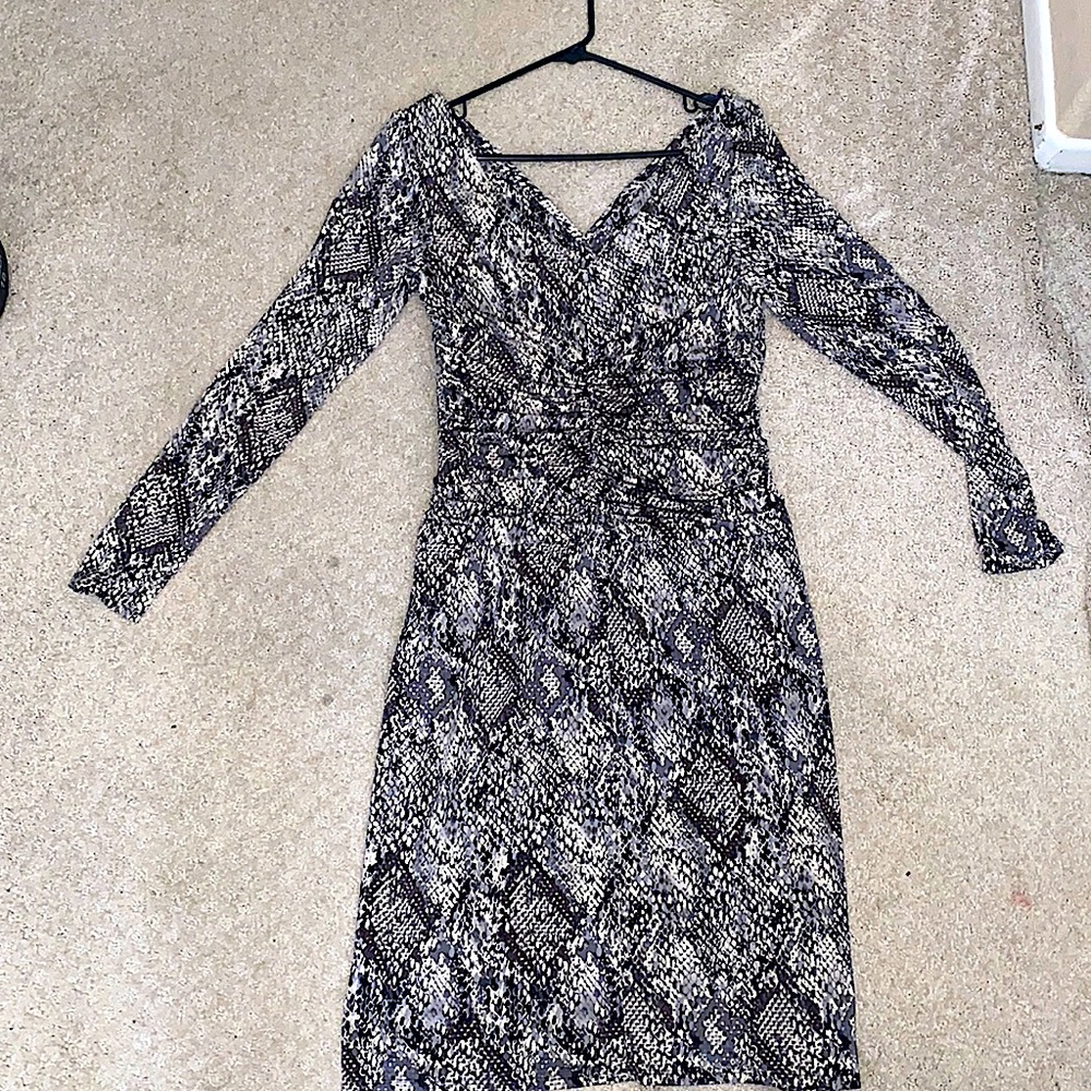 Black, gray and white patterned polyester dress. Only worn once.